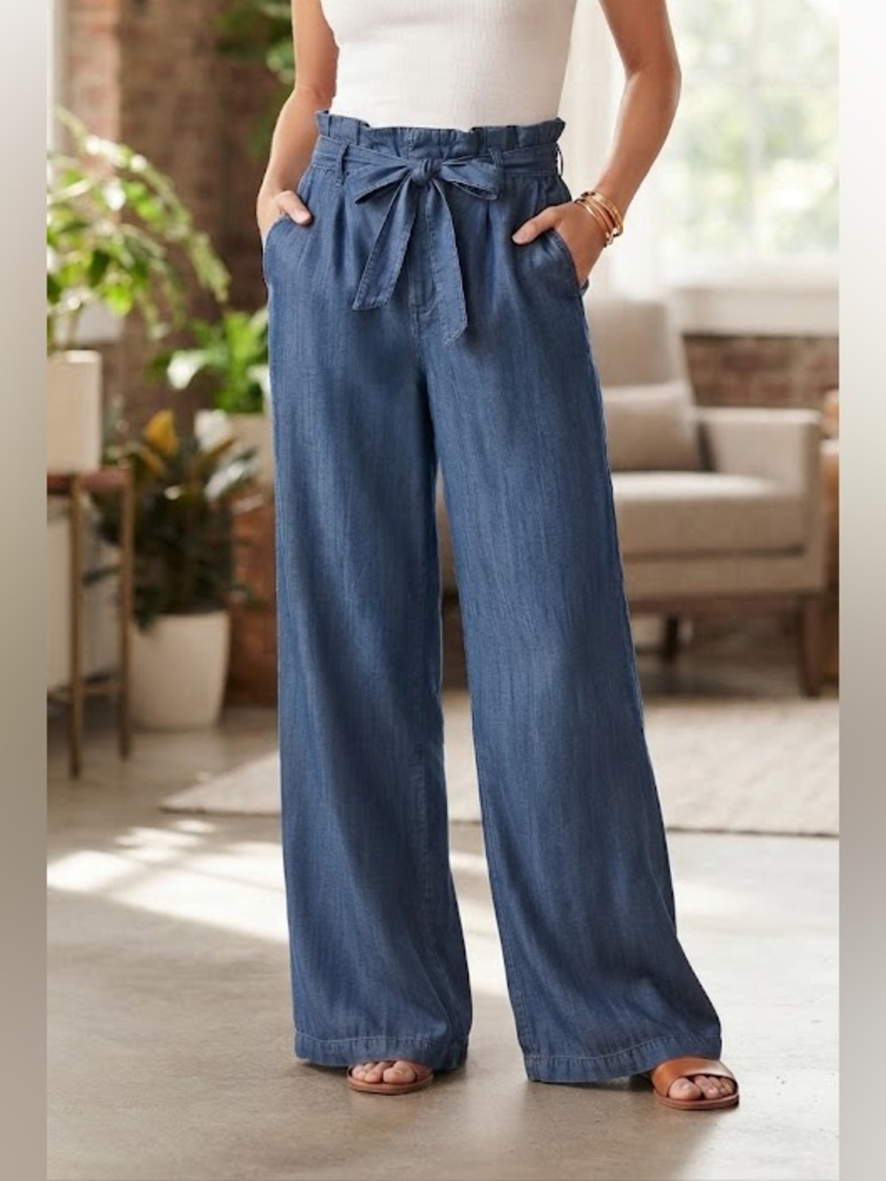 Paperbag Waist Wide-Leg Chambray Lyocell Pants with Self Tie - Blue
